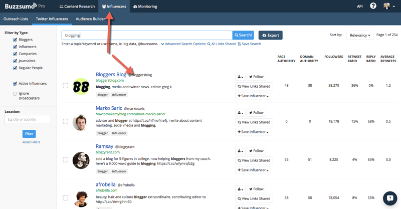 BuzzSumo influencers for blog post ideas