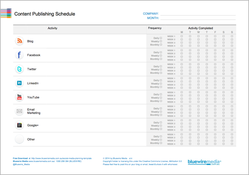 Content Publishing Schedule of the social media planning template