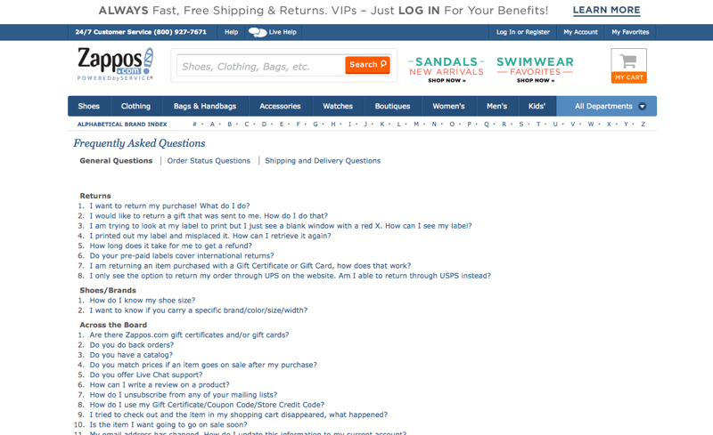 Zappos FAQ example for blog post ideas