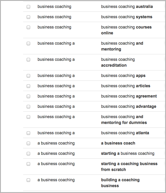Business coaching keyword tool example for how to do seo for a website