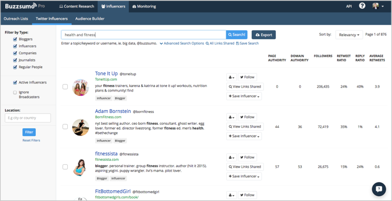 BuzzSumo to find influencers for blogger outreach