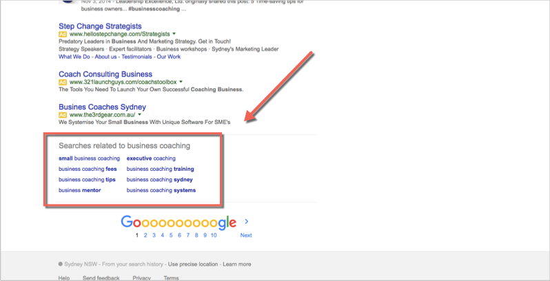 Google related search Business coaching keyword example for how to do seo for a website
