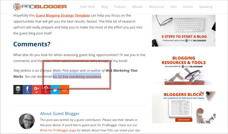 Problogger example of back link for web strategy