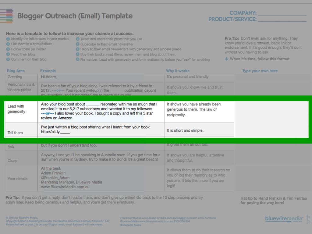 blogger outreach template - lead and tell them