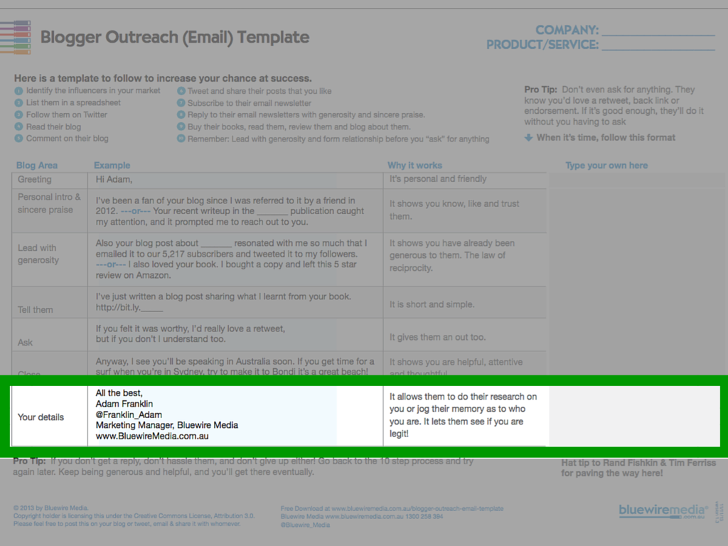 blogger outreach template - your details